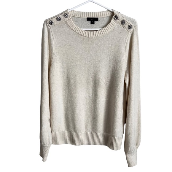 J. Crew Sweaters - J Crew Cream Jewel Shoulder Crew Neck Sweater Knit Wool Blend Size Medium